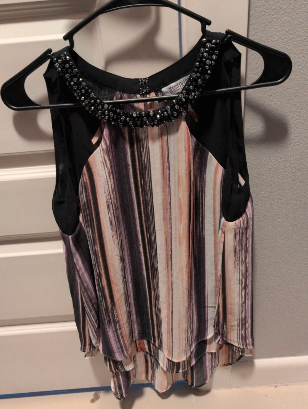 Jennifer Lopez Beaded Neck Striped Sleeveless Top - Black and Multicolor